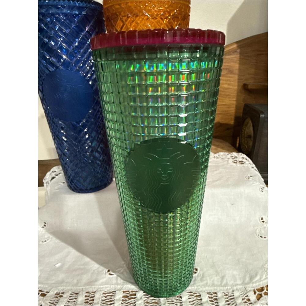 Lot 3 Starbucks Tumblers 24 oz Jeweled Iridescent Blue Orange Green No Straws - Picture 2 of 14